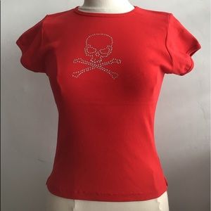 Red tee with a rhinestone skull
